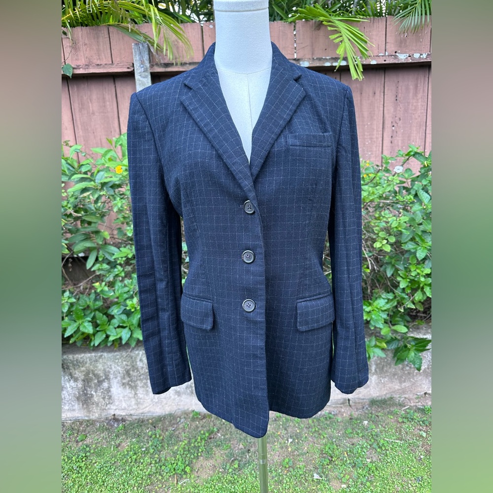 Vintage Lauren Ralph Lauren 100% Wool Checkered Blazer Navy Size 6 - Picture 2 of 11